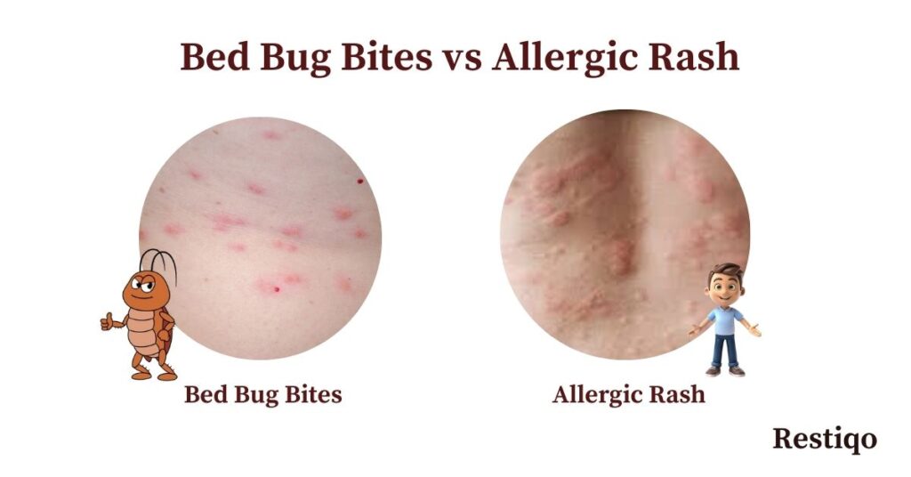 Identify bed bug bites: An image showing the difference between bed bug bites and allergic rash