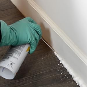 Applying Crossfire bed bug spray along baseboards to target hidden bed bug hiding spots.