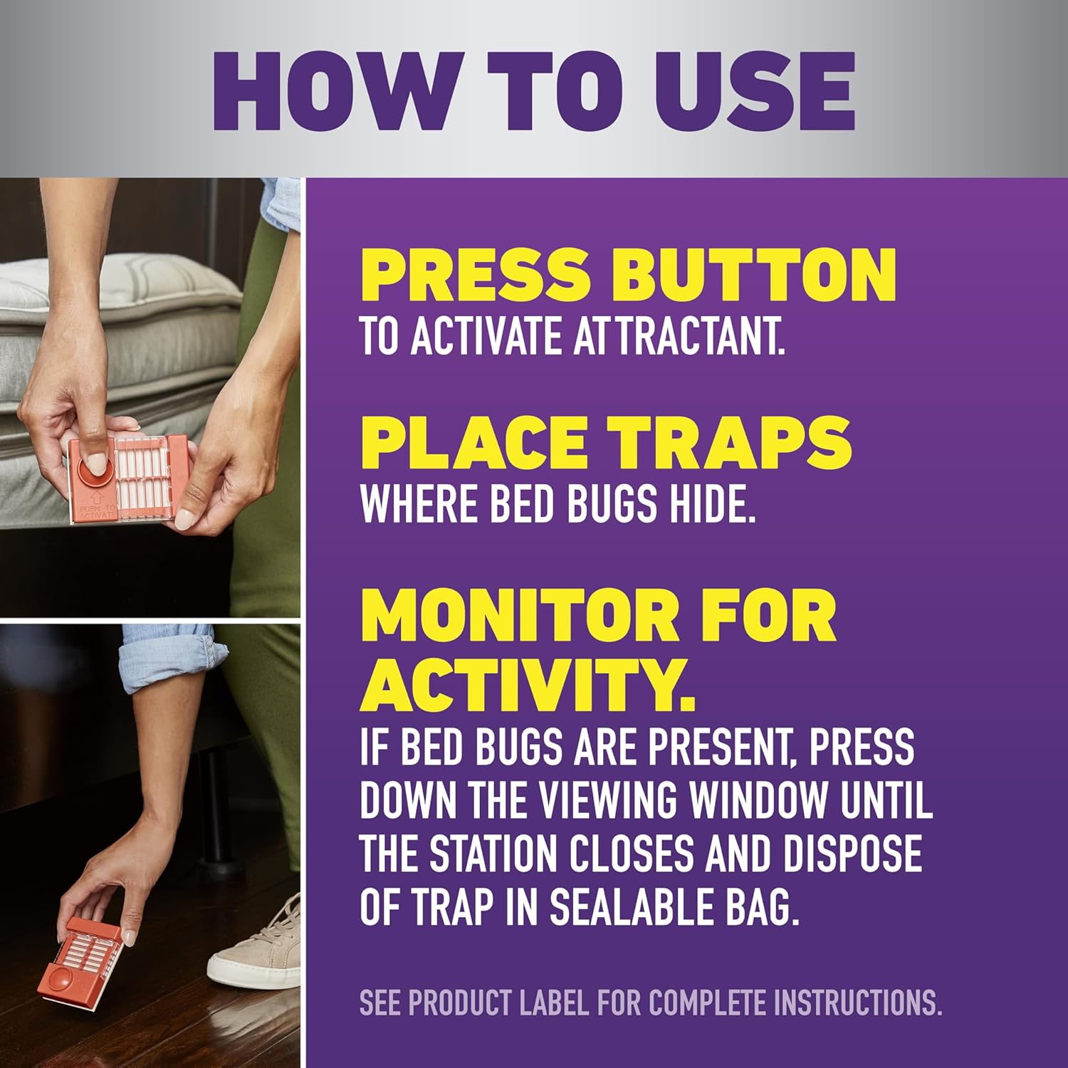 An image showing how to use Ortho home defense max bed bug trap to detect and monitor for bed bug activity
