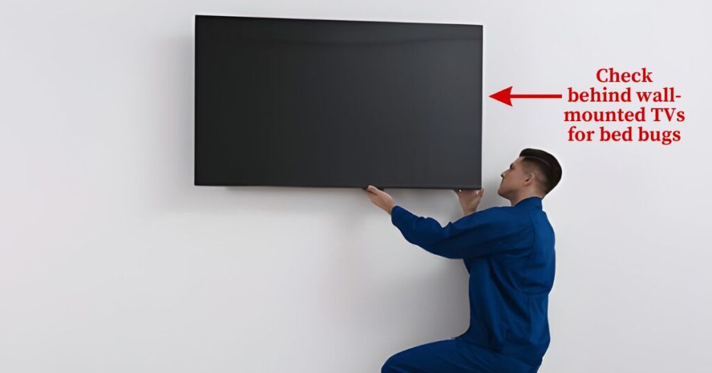 Image of a man Checking behind a wall mounted TV for bed bugs