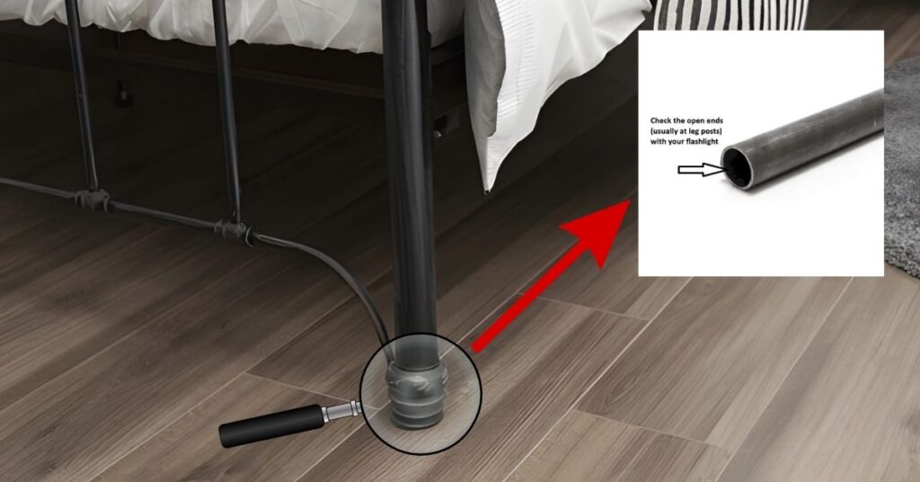 An image showing how to Inspect the hollow of a bed's metal frame for bed bugs