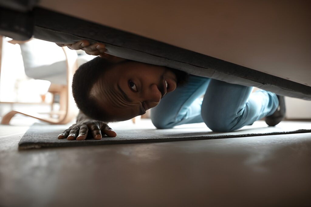 An image of a man inspecting items stored under the bed for bed bugs