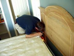 Pest control expert looking at the headboard for bed bugs.