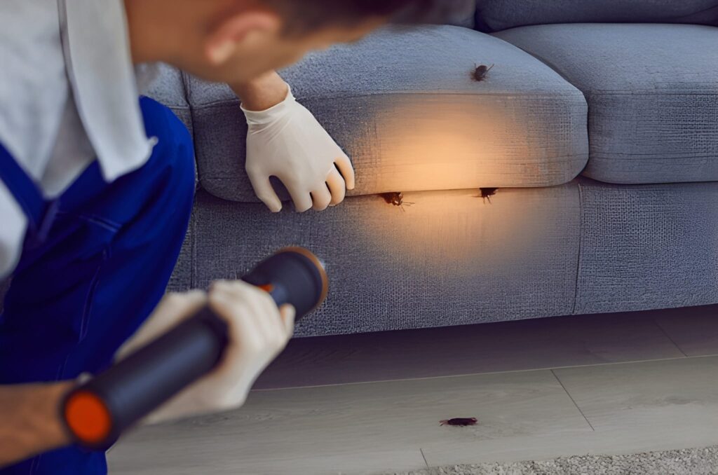 An image showing an exterminator inspecting a furniture for bed bugs